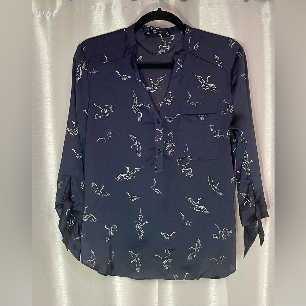Zara Navy Bird Print Blouse - Picture 3 of 6